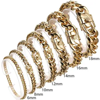 

6/8/10/12/14/16/18mm Top Design Gold Color Stainless Steel Miami Cuban Curb Chain Mens Womens Bracelet Bangle 7-11inch Hotsale