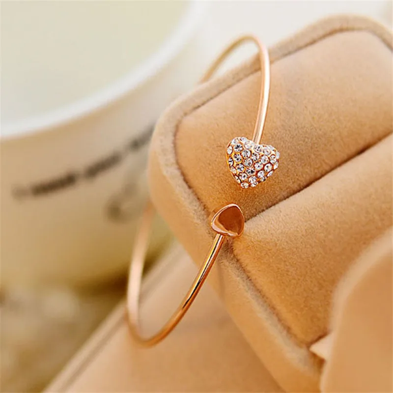 Bracelet Jewelry Fashion Adjustable Crystal Double Heart Bow Bilezik Cuff Opening Bracelet For Women Jewelry Gift Mujer Pulseras