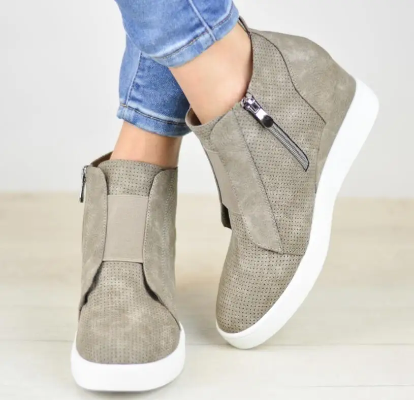 

Women Wedges Height Increasing Solid Casual Shoes Lady Round Toe Mesh Flats Shoes Female Side Zip Breathable Sneakers 2019 Hot
