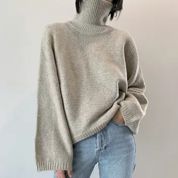 

Turtleneck Sweater Womens Loose Short Front and Long Back Autumn and Winter New Female Simple Pullover Knitwear