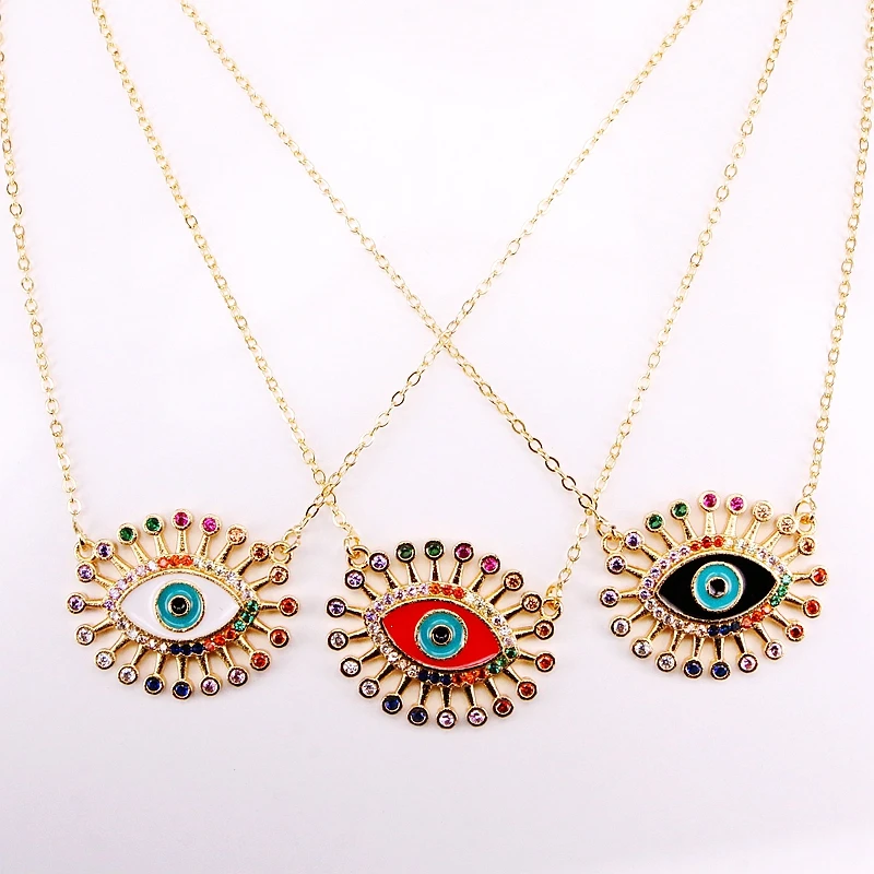 

6PCS, Fashion Link Chain Women Jewelry Colorful CZ Micro Paved Metal Enamel Eyes Charm Pendant Necklaces