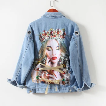 

Portrait Print Women Jeans Jacket With Eyelet 2020 Fashion Summer Streetwear Denim Beading Coat Loose Vintage Outwear