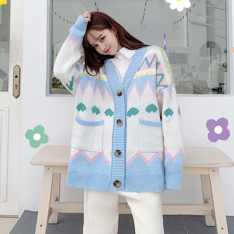 

Autumn Women Midi Sweater 2020 New V-Neck Long Sleeve Jacquard Loose Cardigan Knitted Coat Female Vintage Oversize Knit Sweaters