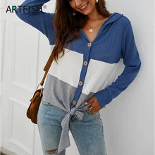 Уличная одежда свитера с капюшоном женские трикотажные рубашки с длинными рукавами лоскутный кардиган с пуговицами на шнуровке Джемперы со шнуровкой осенний Топ M0611