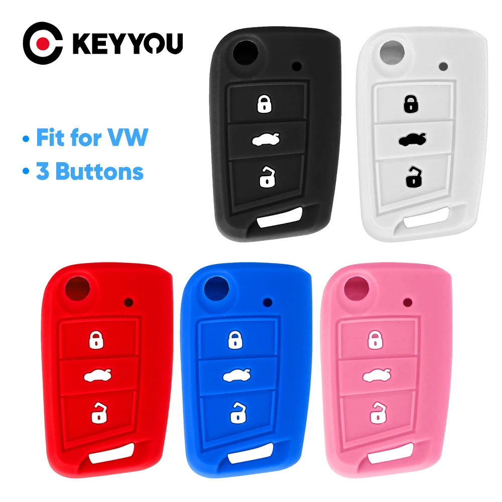 KEYYOU 3 Button Silicone Rubber Car Key Cover Case Bag For VW PASSAT Skoda Superb A7 KODIAQ 2015