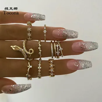 

Tocona 8pcs/sets Gold Color Snake Star Joint Ring for Women Clear Crystal Stone Flowers Geometric Jewelry Accessories 15592
