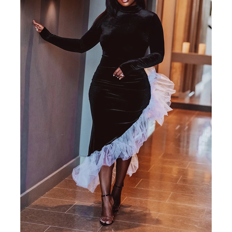 

Women Open Back Mesh Patchwowrk Velvet Dress Sexy Slim Fit Bodycon Midi Dress Irregular Long Sleeve Party Dresses Skinny Vestido