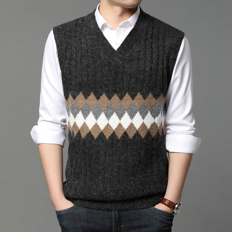 

2020 High Quality New Autum Fashion Brand V Neck Knit Pullover Woolen Sweat Vest For Men Graphic Korean Casual Men Clothing