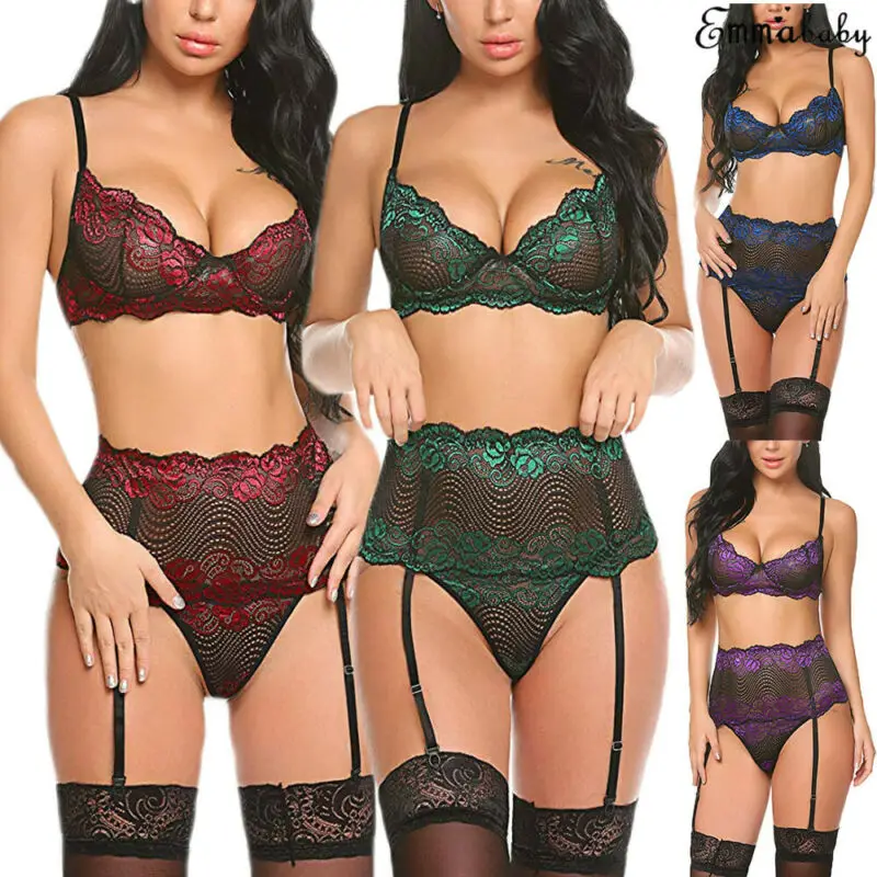 

3pcs Women Sexy Lace Hot Exotic Sets Bandage Nightwear Sheer Underwear G-string Female Transparent Babydolls Sleepwear
