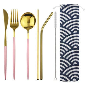 

Pink Gold Travel Dinnerware 18/10 Stainless Steel Portable Cutlery Knife Spoon Fork Straw With Cloth Pack Dinner Set For Picnic