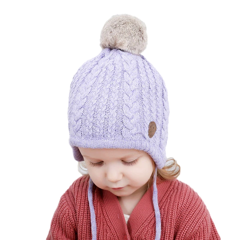 Зимние вязаные детские шляпы для детей на шнуровке для девочек и мальчиков, детская хлопковая шапка с помпонами, бархатная теплая шапочка для детей 1-4 лет