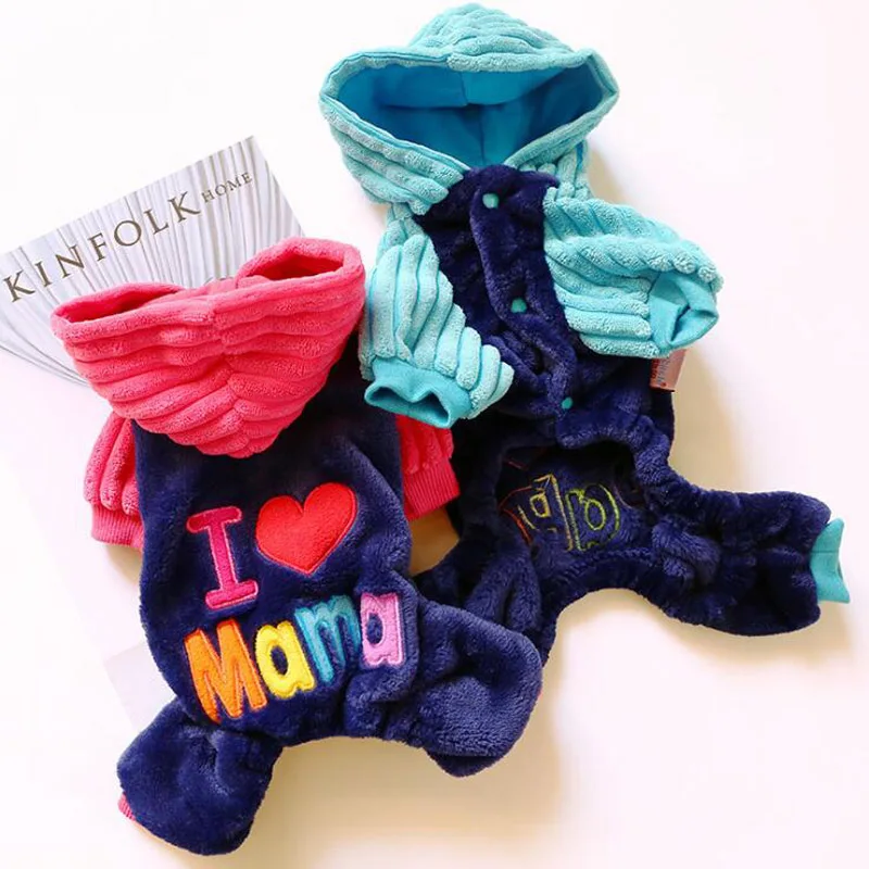 Зимняя одежда для собак, комбинезон для собак I "LOVE MaMa", чихуахуа, Осеннее утепленное плюшевое пальто для щенков, одежда для кошек для маленьких и средних питомцев