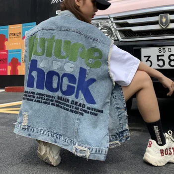 

fashion The New Loose All-match embroidery Raw edge Denim vest free shipping