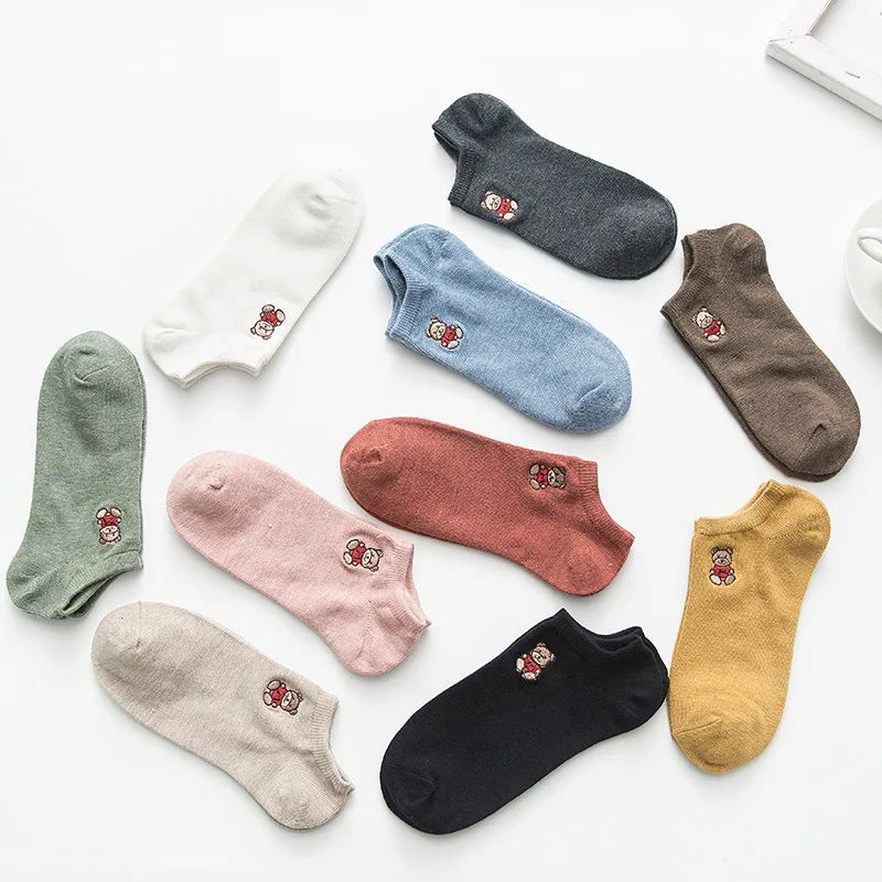 С мультяшным мишкой принт весенние, летние носки для женщин хлопок вышивка Носки обувь в японском стиле Харадзюку на ярких цветов повседневные веселые, милые, миленькие в японском стиле(«Каваий»