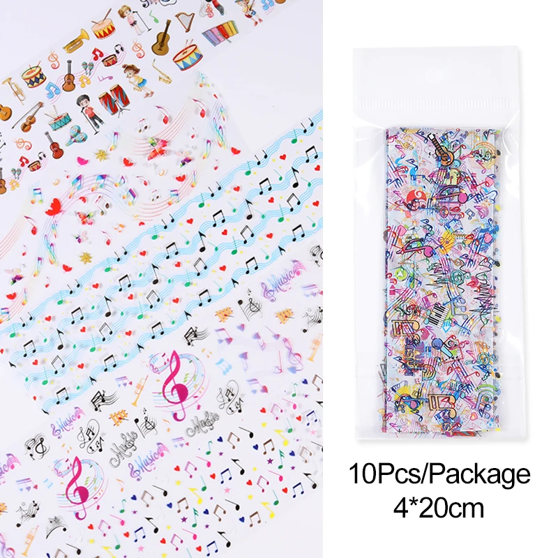 10Pcs Music Symbol Pattern Foil Nails Guitar Singer Christmas Halloween Adhesive Nail Art Stickers Slider Decoration Wraps | Красота и