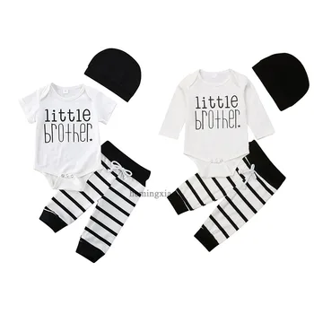 

Newborn Baby Boy Little Brother Clothes Set 3pcs Bodysuit Top Striped Pants Hat Outfit Suit Summer Infant Toddler Clothing 0-18M