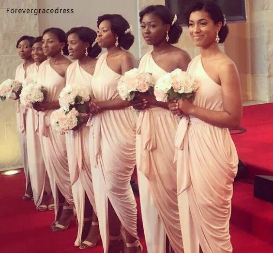 2018 Cheap Summer Beach Weddings Chiffon Bridesmaid Dresses Elegant One Shoulder Pleats Long Sheath Split Maid of Honor Gowns 88