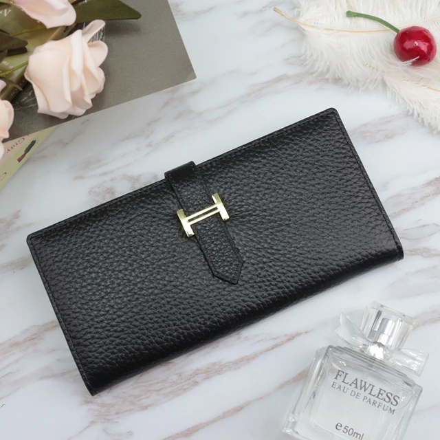 Genuine Leather Women Luxury Lychee Pattern Wallets Long Brand Zipper Coin Purses Female Solid Colors Hasp Thin Clutch Phone Bag Black