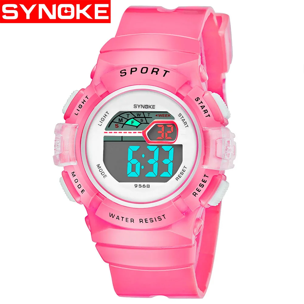 SYNOKE спортивные детские электронные часы, подарки для мальчиков и девочек, водонепроницаемый светодиодный наручные часы, электронные наручные часы, студенческие часы - Цвет: Pink
