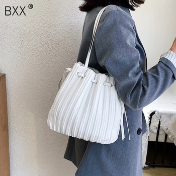 

[BXX] Solid Color PU Leather Bucket Bag Female Crossbody Bags For Women 2020 Summer Sweet High Capacity Shoulder Handbags HM691