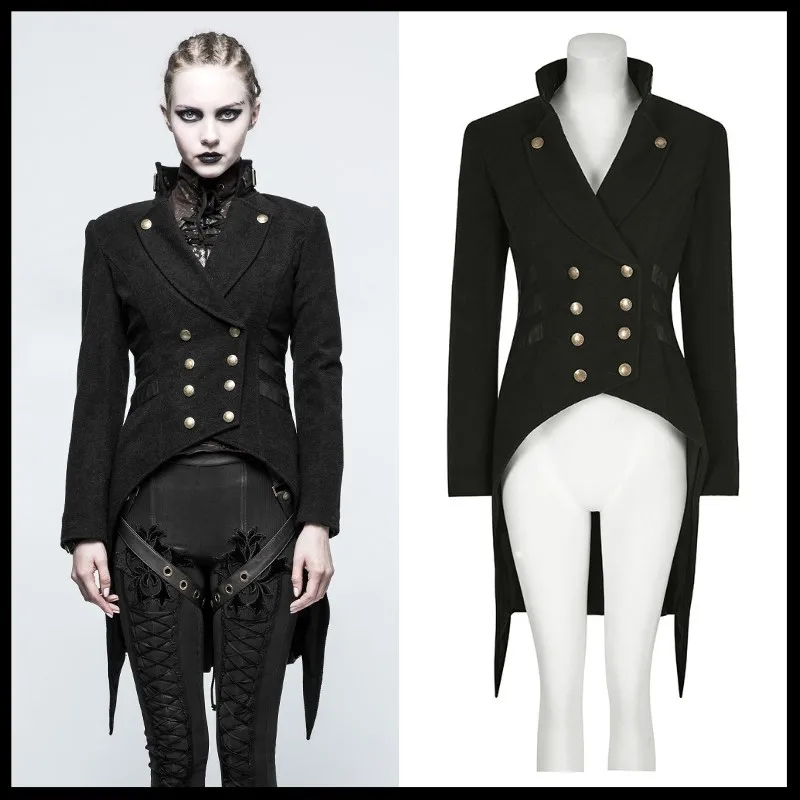 

PUNK RAVE Women Punk Military Uniform Jacket Gothic Black Tailcoat Steampunk Swallow Tail Worsted Jacket Evening Party Jacket
