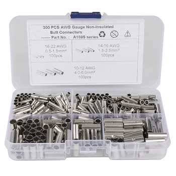 

Newest 300Pcs Non-Insulated Butt Connectors Gauge Seamless Uninsulated Electrical Wire Ferrule Cable Crimp Terminal Kit