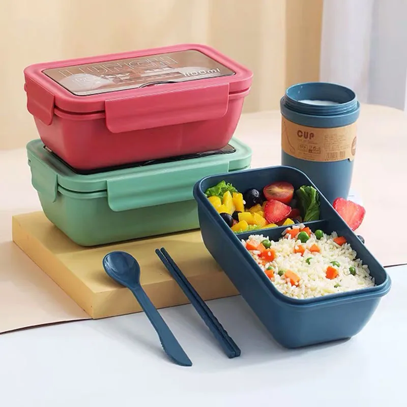 

1100ml Portable Lunch Box Healthy Material Storage Food Microwave With Dinnerware Container Leakproof Student Straw Lunch Box