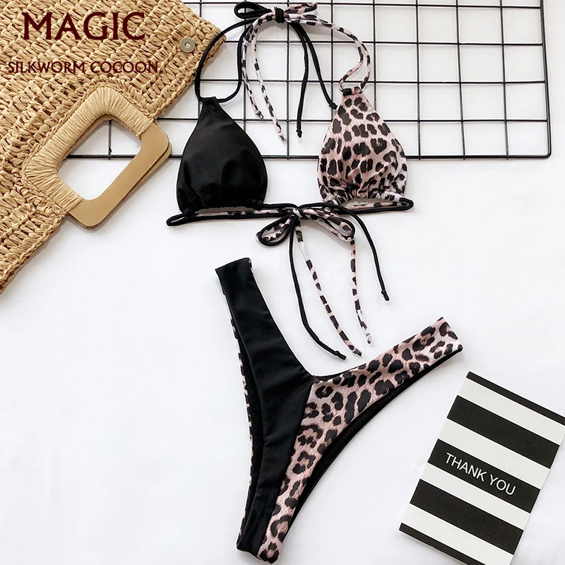 

Bikini Set stitching print swimsuit female tether hanging neck low waist swimwear beachwear summer two-piece swimming suit new