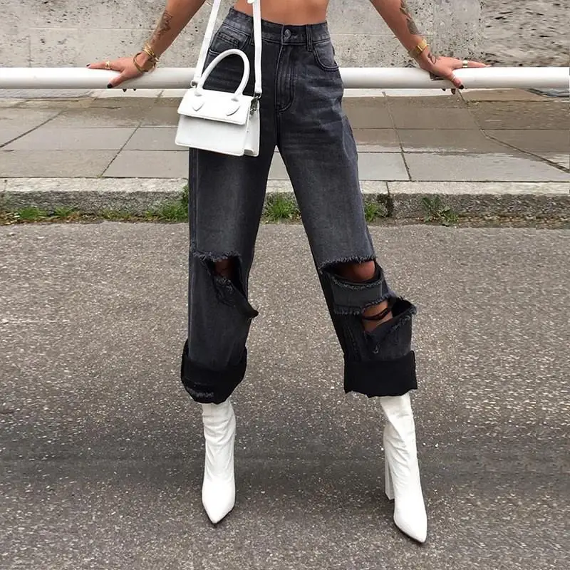 

2019 Streetwear Loose Faded Holes Ripped Denim Pants Chic Zipper High Waist Trousers Hole Full-Length Pockets Wide Leg Pants