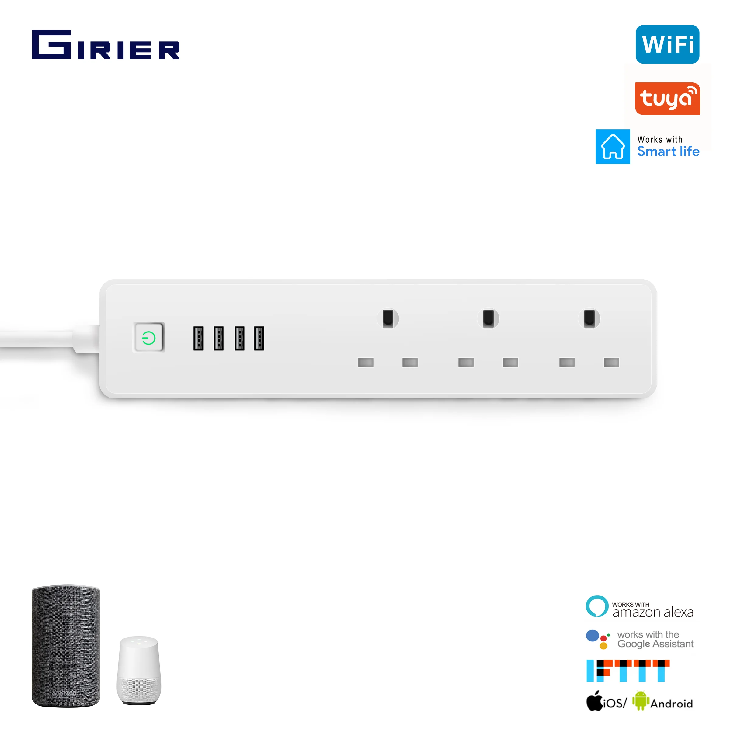 

Wifi Smart UK Power Strip 3 Sockets with 4 USB Port Voice Timing App Wireless Smart Remote Control for Alexa Google Home