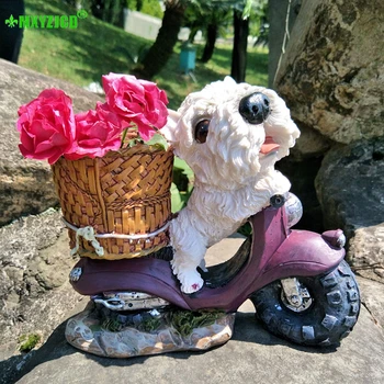 

Driving Motorcycle Puppy Resin Flower Pot Cartoon Animal Sculpture Crafts Garden Plant Pot Decoration Home Decor Accessories