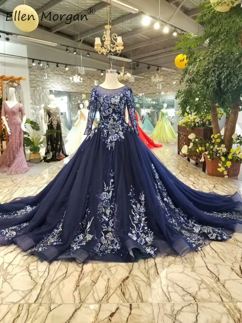 Темно-синие винтажные элегантные вечерние платья 2019 Длинные рукава Кружева аппликация Кристаллы Тюль суд Поезд события Бальные платья для