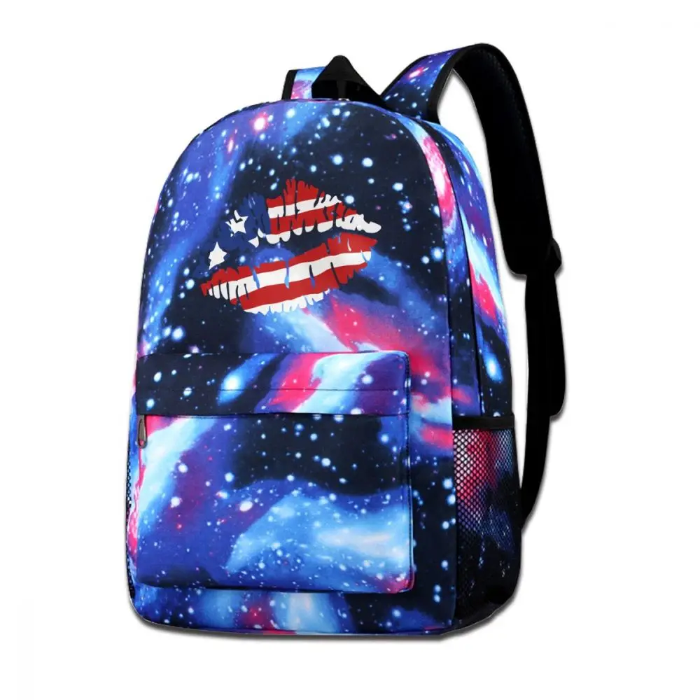

American flag Lips print Star night Backpack School Bag patriotic independence day July 4th Funny Print Schoolbag
