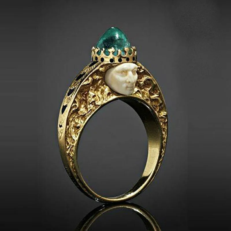 

New Design Human Face Inlaid Green Stone Finger Rings For Men Women Vintage Metal Gold Ambassador Rings Party Jewelry Z4M395