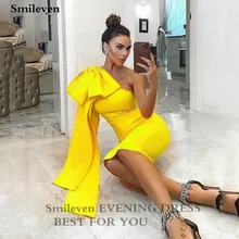 

Smileven Yellow One Shoulder Mini Evening Dresses Knee Length Eleastic Soft Satin Prom Party Gowns Backless Celebrity Dress
