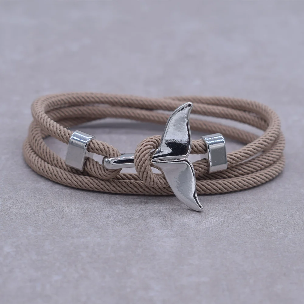 Anchor Style Jewelry Ocean Silver color Whale Tail Charm Bracelet 2-3 laps Adjustable Rope Bracelets for Men Women Gifts