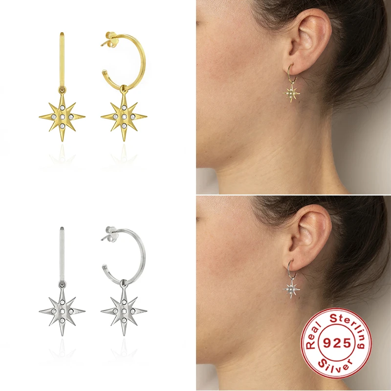 

GS New Stud Earrings For Women 925 Sterling Silver Jewelry Octagonal Star Diamond C-Shaped Earrings Zilveren Oorbellen Zilver