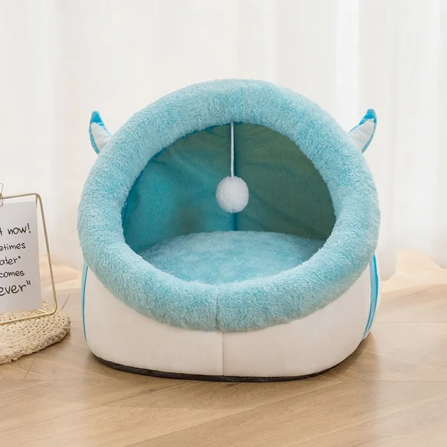 Cute Cat Bed Warm Pet Basket Cozy Kitten Lounger Cushion Cat House Tent Very Soft Small Dog Mat Bag For Washable Beds For Cats Sky blue-Style 2
