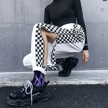 

Hip Hop Women Joggers Side Zipper White Harem Pants Side Checkerboard Pattern Elastic Waist Jogger Trousers Side Open Pants