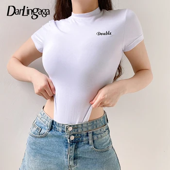 

Darlingaga Casual Letter Embroidery Skinny Summer Bodysuit Women Short Sleeve White Body Suit Cotton Bodysuits Tops New Jumpsuit