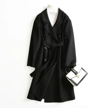 

2019 Korean Winter Fashion Clothing New High Quality Belt Long Black Plus Size Double-breasted Woolen Coat Women Wool Jacket