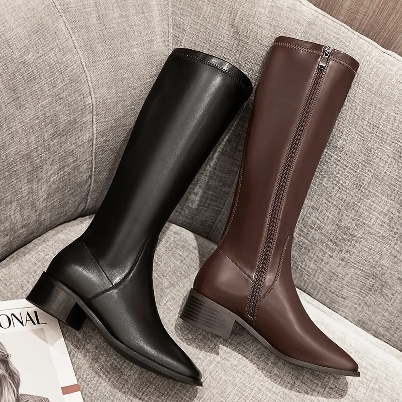 Botas altas de piel marrón oscuro para mujer, botines hasta la rodilla, con  cremallera lateral, novedad de 2020|Botas hasta la rodilla| - AliExpress