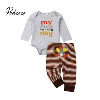 

0-18M Newborn Baby Boy Girls Clothes My first turkey day letter print Thanksgiving T-shirt Tops bodysuit+Long Pants Outfits Set
