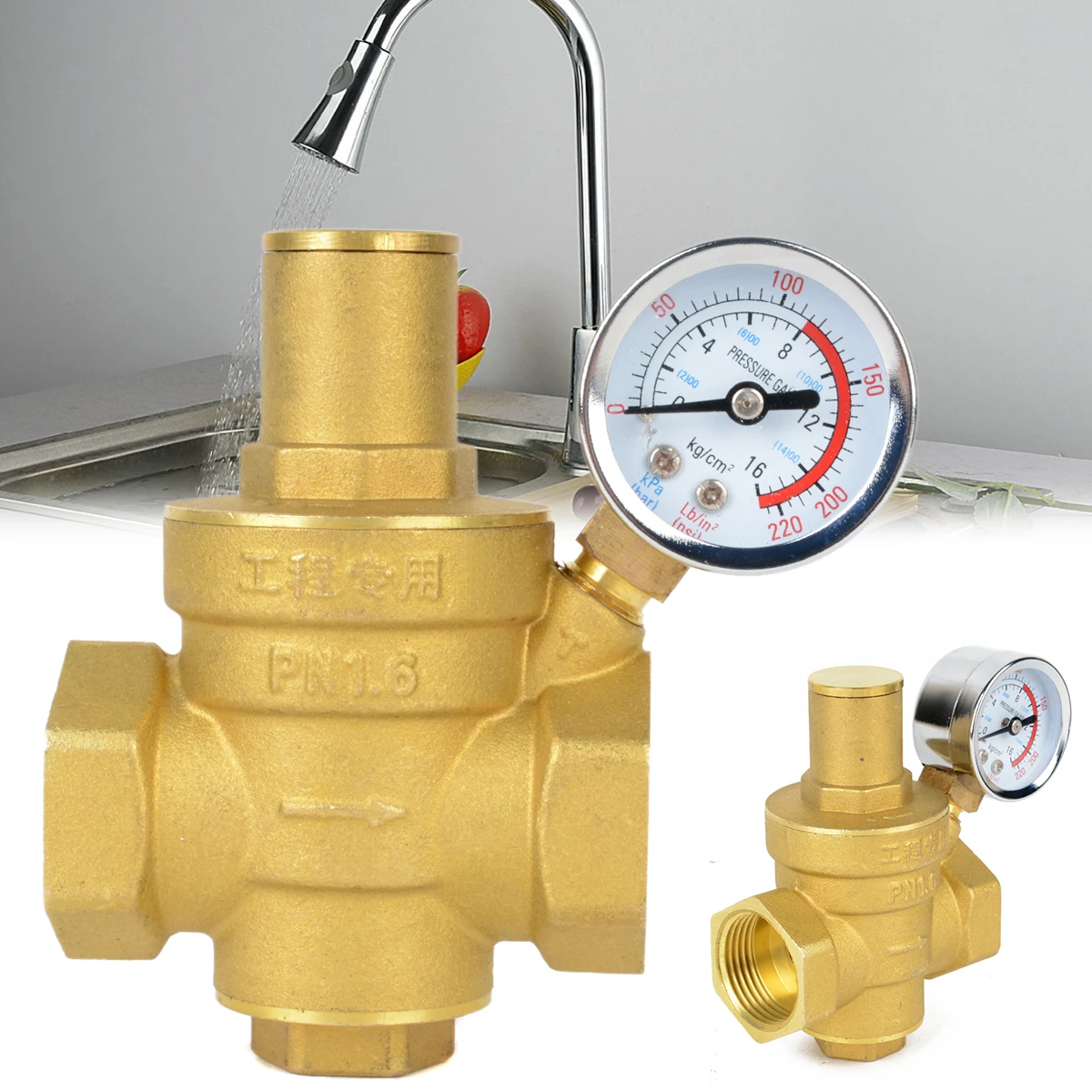 Brass Water Pressure Regulator with Gauge PN 1.6 Connector Size 1/2''
