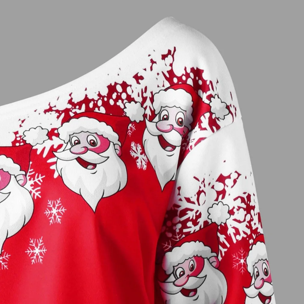 Christmas Blouse Plus Size Womens Santa Claus Print Long Sleeve Skew Collar Tunic Women Autumn Blouse Tops blusa feminina#3F