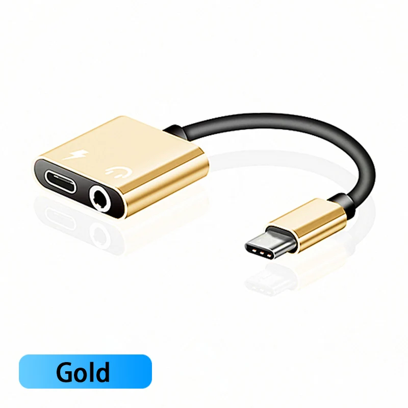 2 in 1 Audio Adapter charging Earphone Cable For xiaomi MI8 Samsung S7 Aux Jack headset For Type C 3.5 mm To Headphone splitter - Цвет: Gold