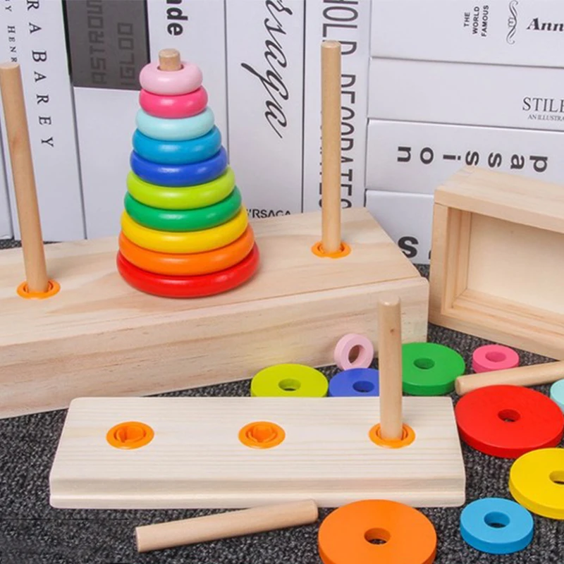 Деревянная Башня Ханоя Детские игрушки Монтессори игрушки головоломка творческие детские развивающие игрушки Красочные математические интеллект детские игрушки