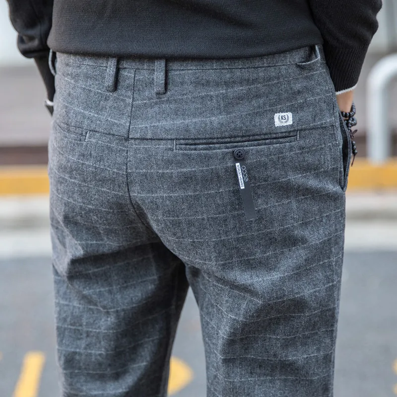 

Korean-style Pants Trend Versatile Plaid Men Skinny Casual Pants Men's Slim Fit Spring Trousers Cotton Linen Men's Trousers Spri