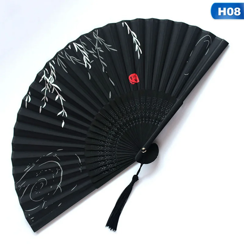 Ventilador plegable japonés chino para mujer, ventilador de baile clásico de mango de madera, alta borla de calidad, elegante