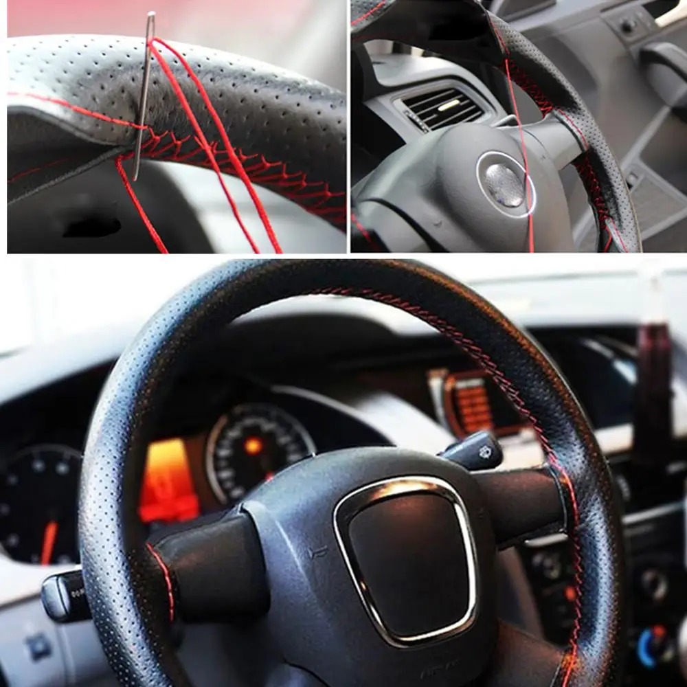 

Universal 38cm Braid On Steering Wheel Car Steering Wheel Cover with Needles and Thread Artificial Leather Steering Cover Couvre